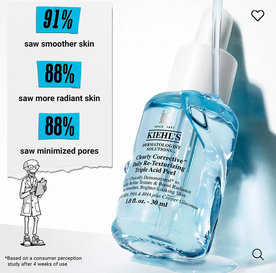 KIEHLS CLEARLY CORRECTIVE DAILY RE-TEXTURIZING TRIPLE ACID PEEL SERUM.